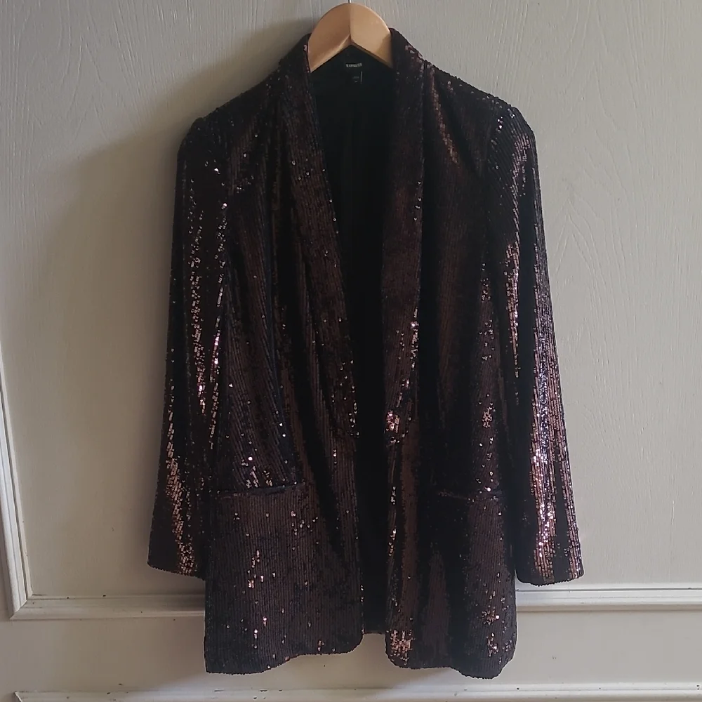 Express Shimmering Sequin Brown Blazer Sz M - Picture 3 of 8